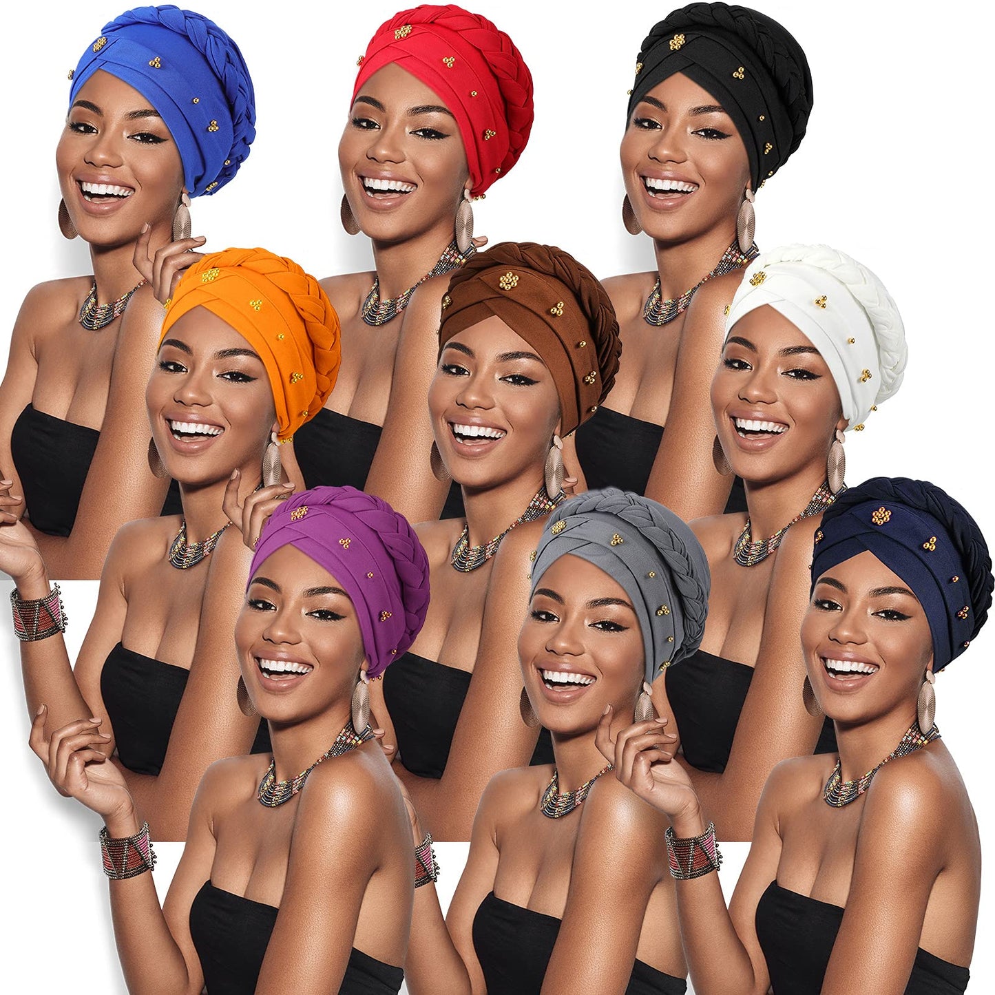 SATINIOR 9 Pcs Head Turbans for Women Chemo Headband Headwear Turban Braid Headscarf Braid Turban Wrap Pre Tied Twisted Hair Covered Beanie Beaded Headwear Cap(Classic)