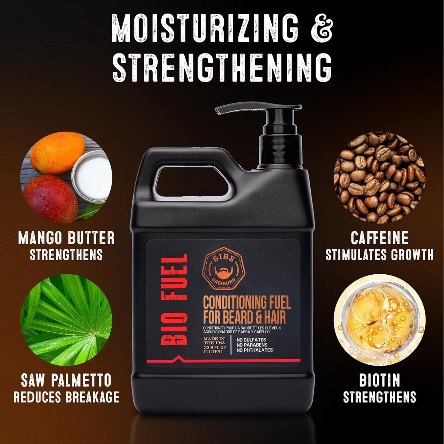 GIBS Grooming Bio Fuel | Conditioning Beard & Hair Growth Oil - Mango Butter, Caffeine, Biotin | 33.8 oz