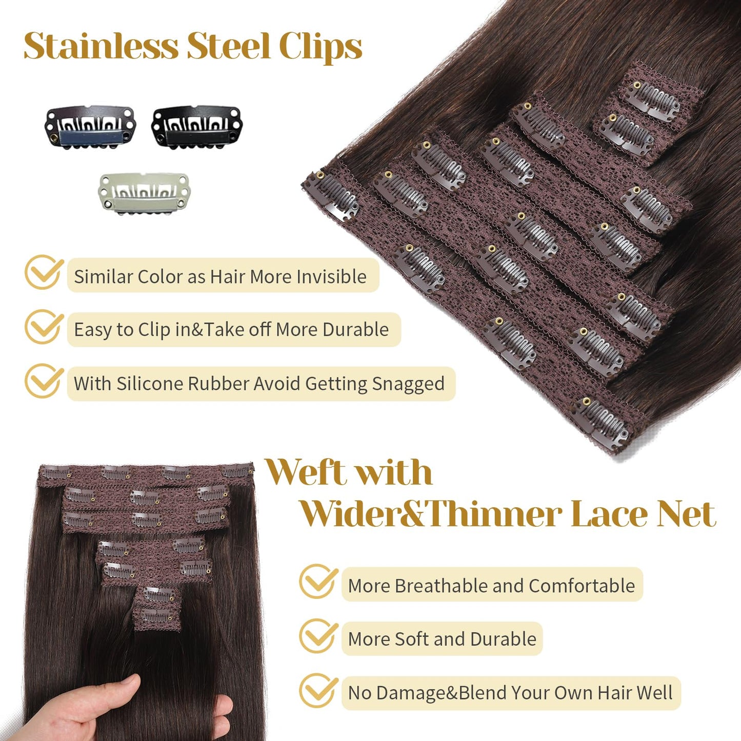 Mocona Clip in Hair Extensions Real Human Hair, Dark Brown – 16 Inch 7pcs 70g/Pack, Soft Hair Extensions Real Human Hair Clip ins Straight Suitable for all Hair Types (#2 16 Inch)