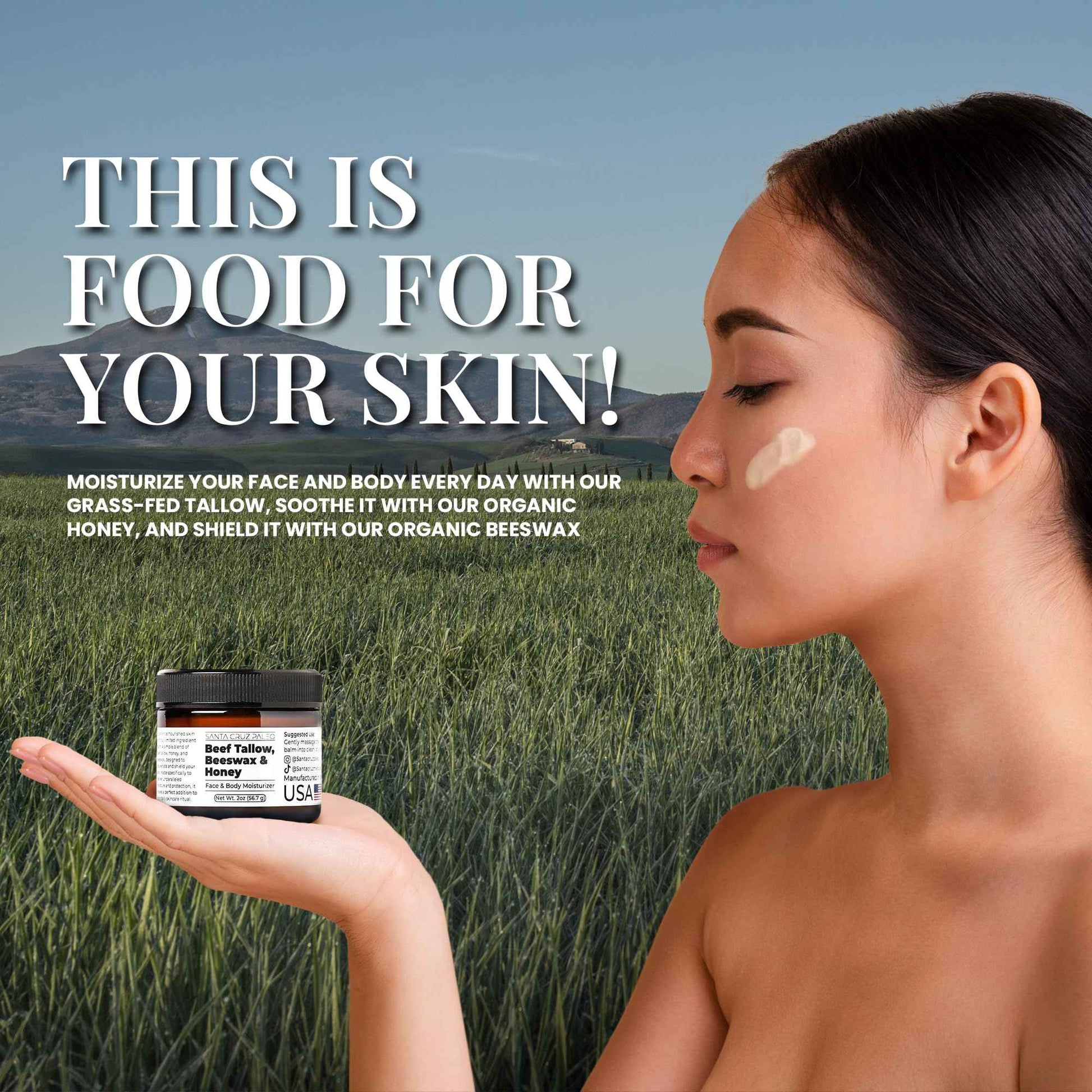 Santa Cruz Paleo Beef Tallow for Skin, Grass Finished & Grass Fed Beef Tallow and Honey Balm Body & Face Moisturizer, Organic Beeswax and Organic Honey, Light Scent, Moisturizing Natural Formula, 2 Oz