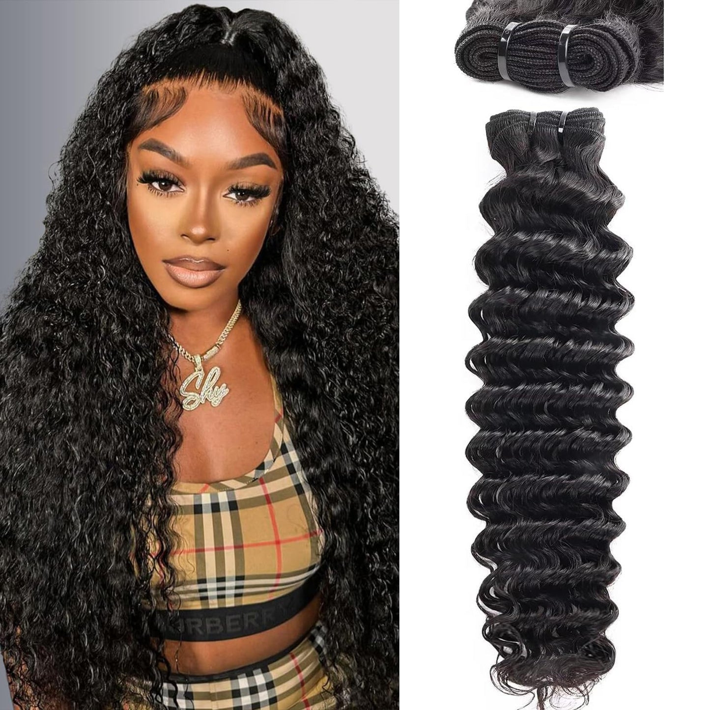 Deep Wave Human Hair Bundles 16 Inch Deep Wave Bundles 100% Unprocessed Brazilian Virgin Hair 1 Bundles Curly Bundles Hair Extensions Real Human Hair Wavy Quick Weave Bundles Natural Black