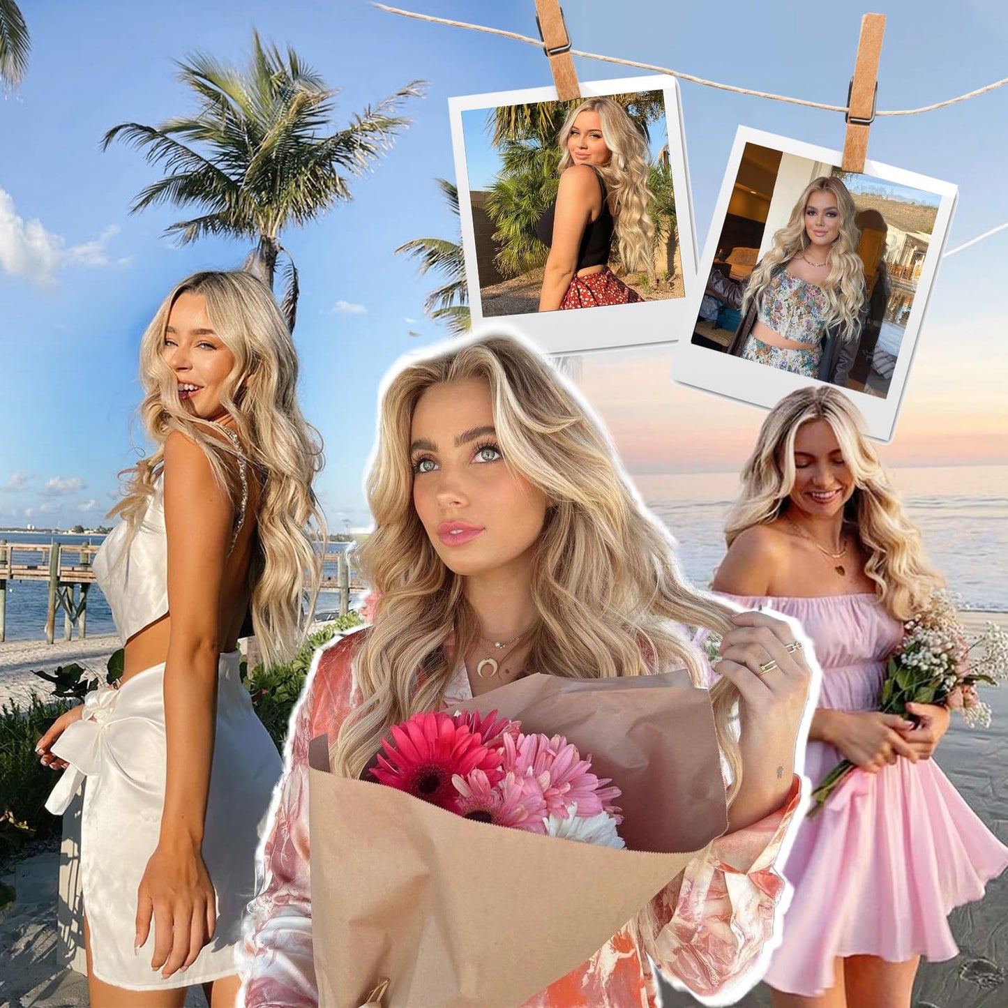 XIXIBI Long Blonde Wigs for Women, Beach Blond Highlight Wavy Curly Middle Part Wigs with Dark Roots, Synthetic Heat Resistant Natural Hair Wig for Daily Party