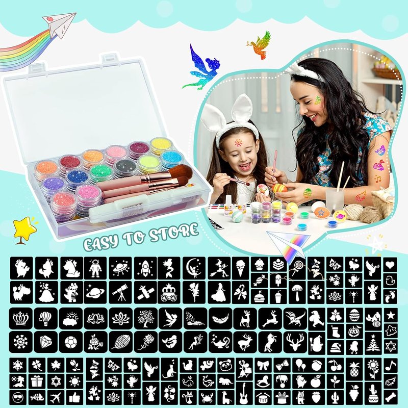 Glitter Tattoo Kit for Kids - 31 Colors, 165 Stencils & Brushes | Fun Arts & Crafts for Birthday Parties & Festivals