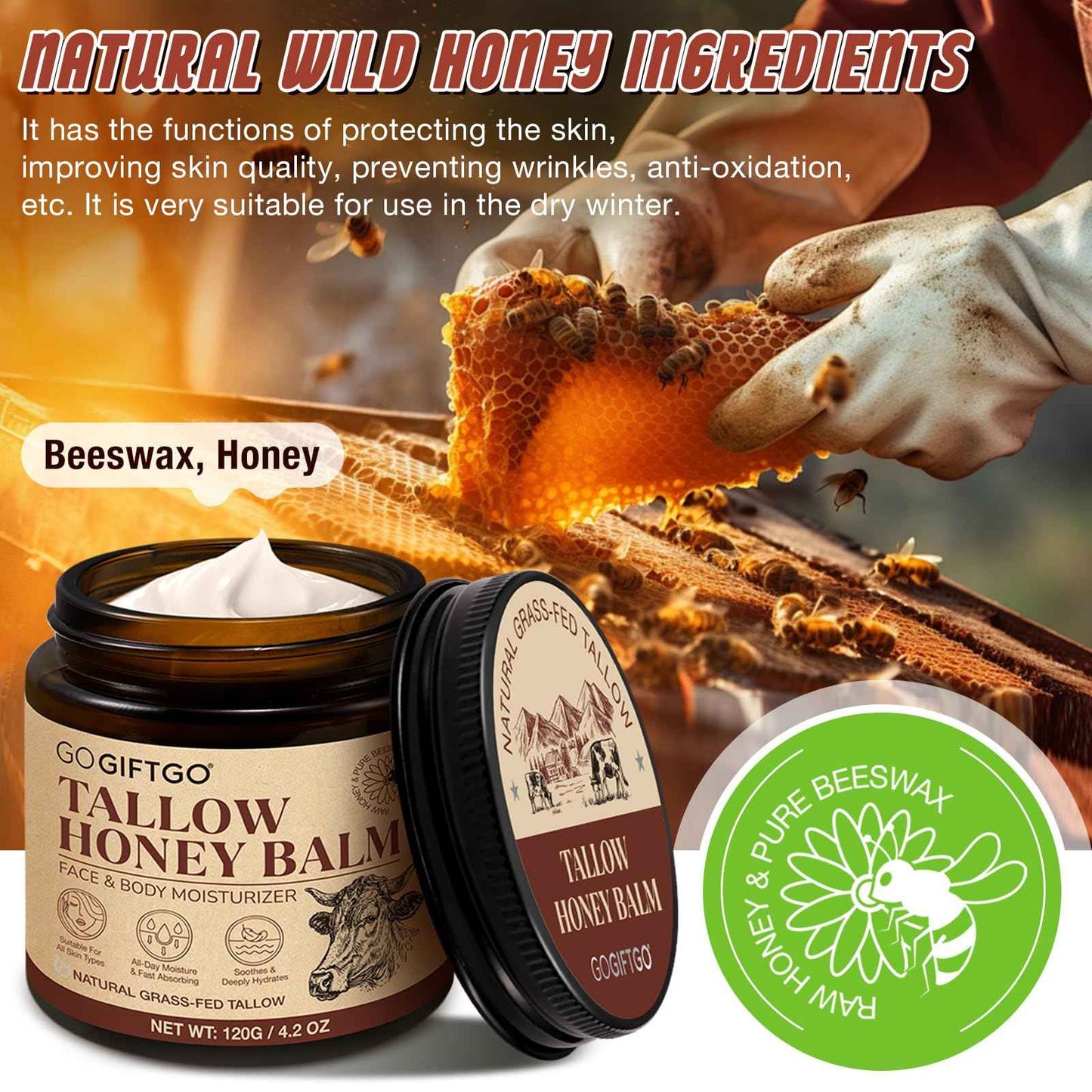 GOGIFTGO Beef Tallow for Skin,Tallow and Honey Balm,Beef Tallow for Face,Tallow Face Moisturizer,Natural Moisturizer Hydrates,Deeply Nourishes the Skin, Enhances Natural Radiance (1pcs)