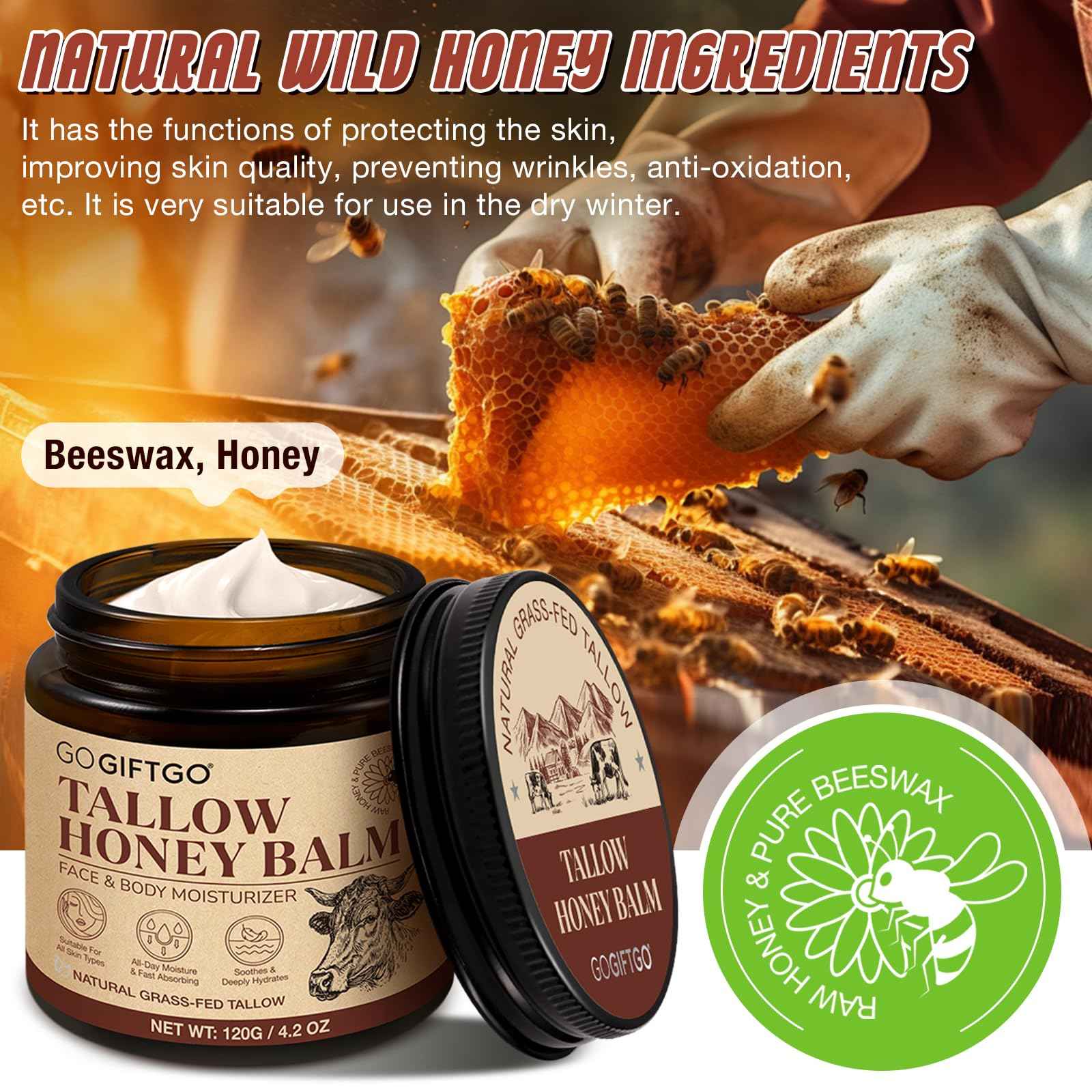 GOGIFTGO Beef Tallow for Skin,Tallow and Honey Balm,Beef Tallow for Face,Tallow Face Moisturizer,Natural Moisturizer Hydrates,Deeply Nourishes the Skin, Enhances Natural Radiance (1pcs)