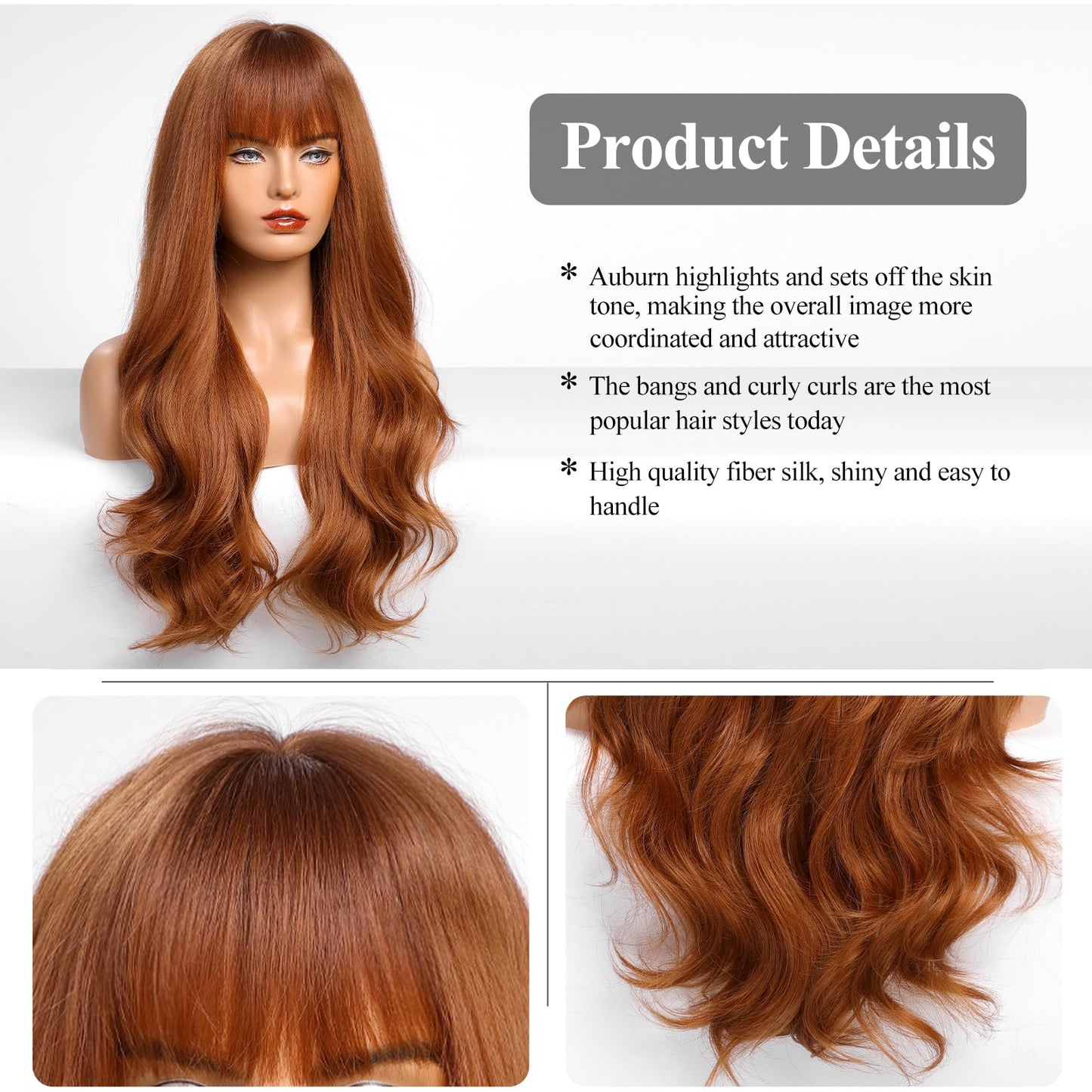 HAIRCUBE Auburn Wig with Bangs for Women Auburn Long Wavy Hair Wig Curly Wavy Synthetic Wigs for Girls Daily Party Use 26Inch