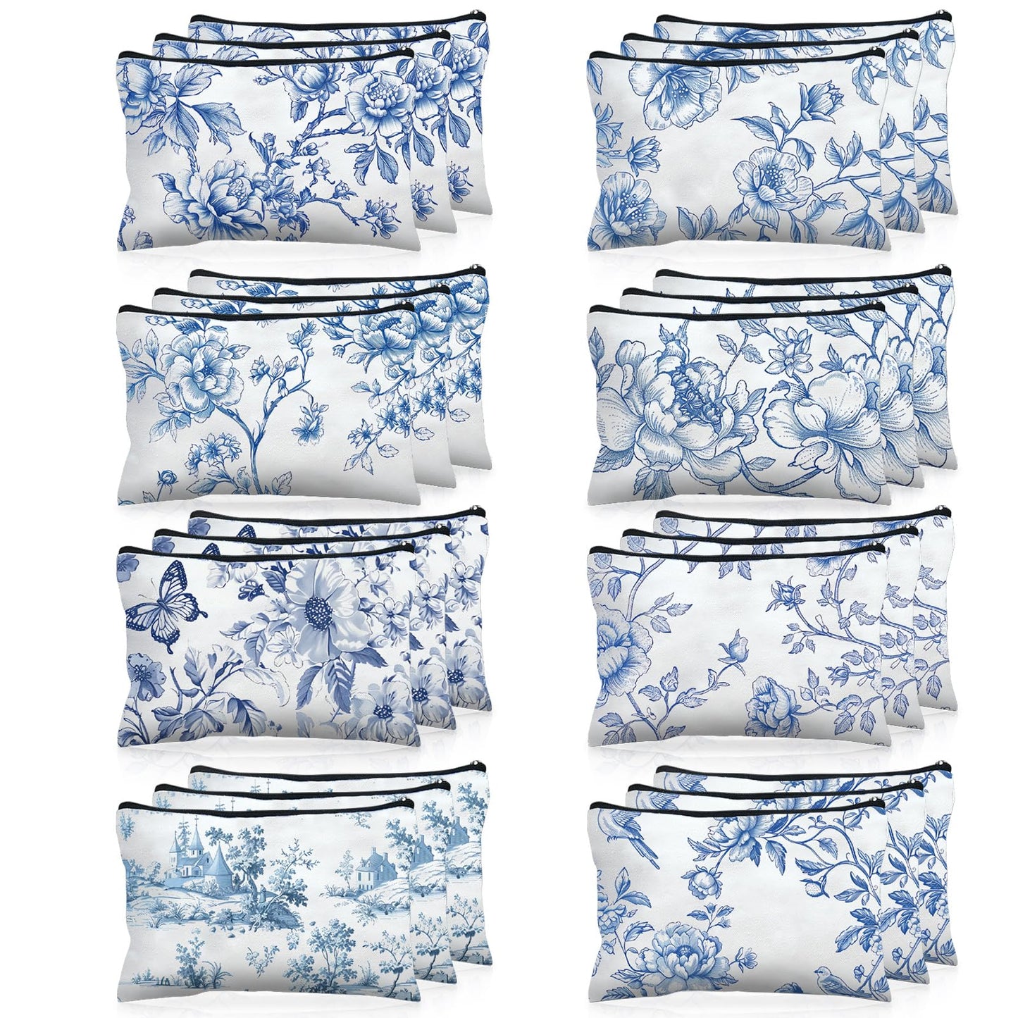 Stuffygreenus 24 Pcs Floral Cosmetic Bags Bulk for Women Blue and White Floral Makeup Bags Chinoiserie Canvas Travel Zipper Pouches Aesthetic Toiletry Bag for Girls Women Bridesmaids Wedding Supplies