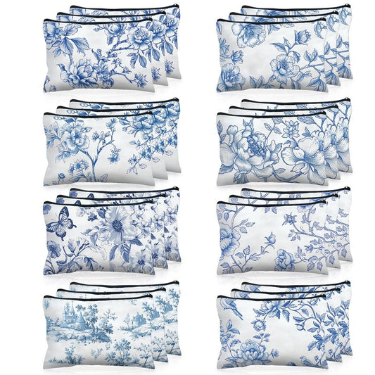 Stuffygreenus 24 Pcs Floral Cosmetic Bags Bulk for Women Blue and White Floral Makeup Bags Chinoiserie Canvas Travel Zipper Pouches Aesthetic Toiletry Bag for Girls Women Bridesmaids Wedding Supplies