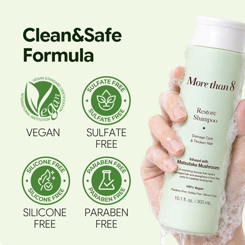 Morethan8 Restore Anti Hair Loss and Hair Growth Shampoo with Matsutake Mushroom – 100% Vegan, Paraben-free, Sulfate-free, Silicon-free – 10.1 Oz