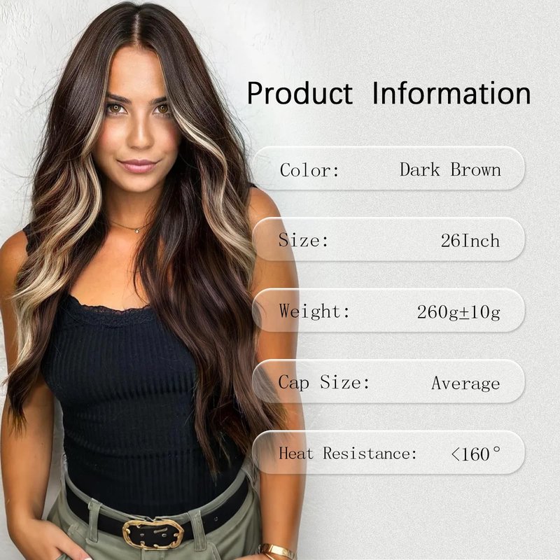 T-color Long Brown Mix Blonde Wavy Wig for Women 26 Inch Middle Part Curly Wavy Wig Natural Looking Synthetic Heat Resistant Fiber Wigs for Daily Wear, Party, Cosplay