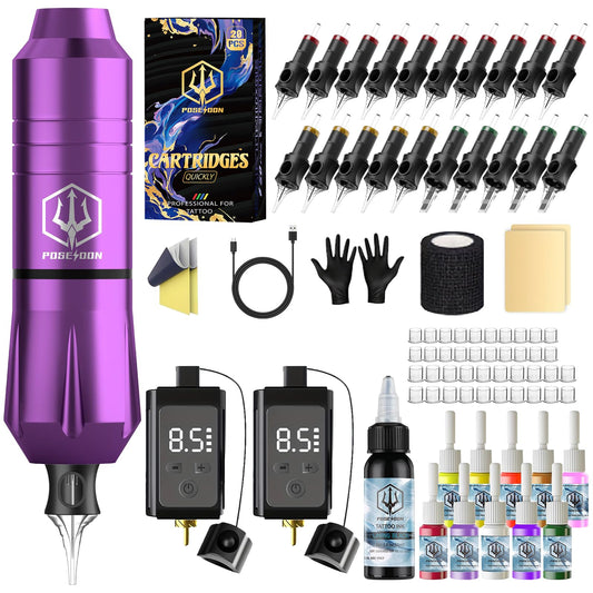 POSEIDON Wireless Rotary Tattoo Machine Kit with 20 Tattoo Cartridge Needles & Ink Set | Professional Portable Tattoo Pen Gun for Beginners | Complete Starter Supplies (TK201)