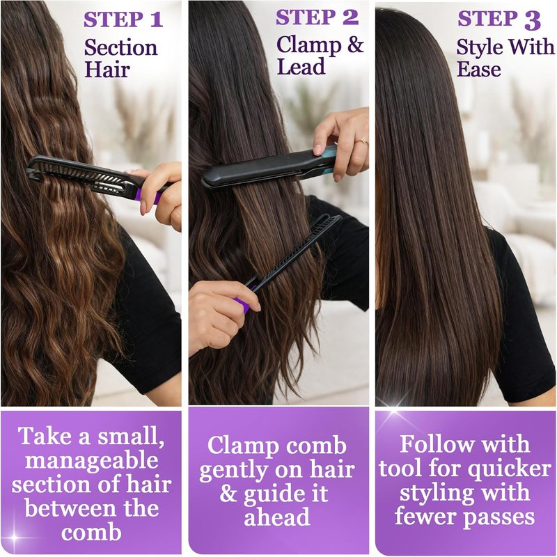 Hair Straightening Comb - Ergonomic Flat Iron Comb for Easy Styling | Reduces Heat Damage - Purple