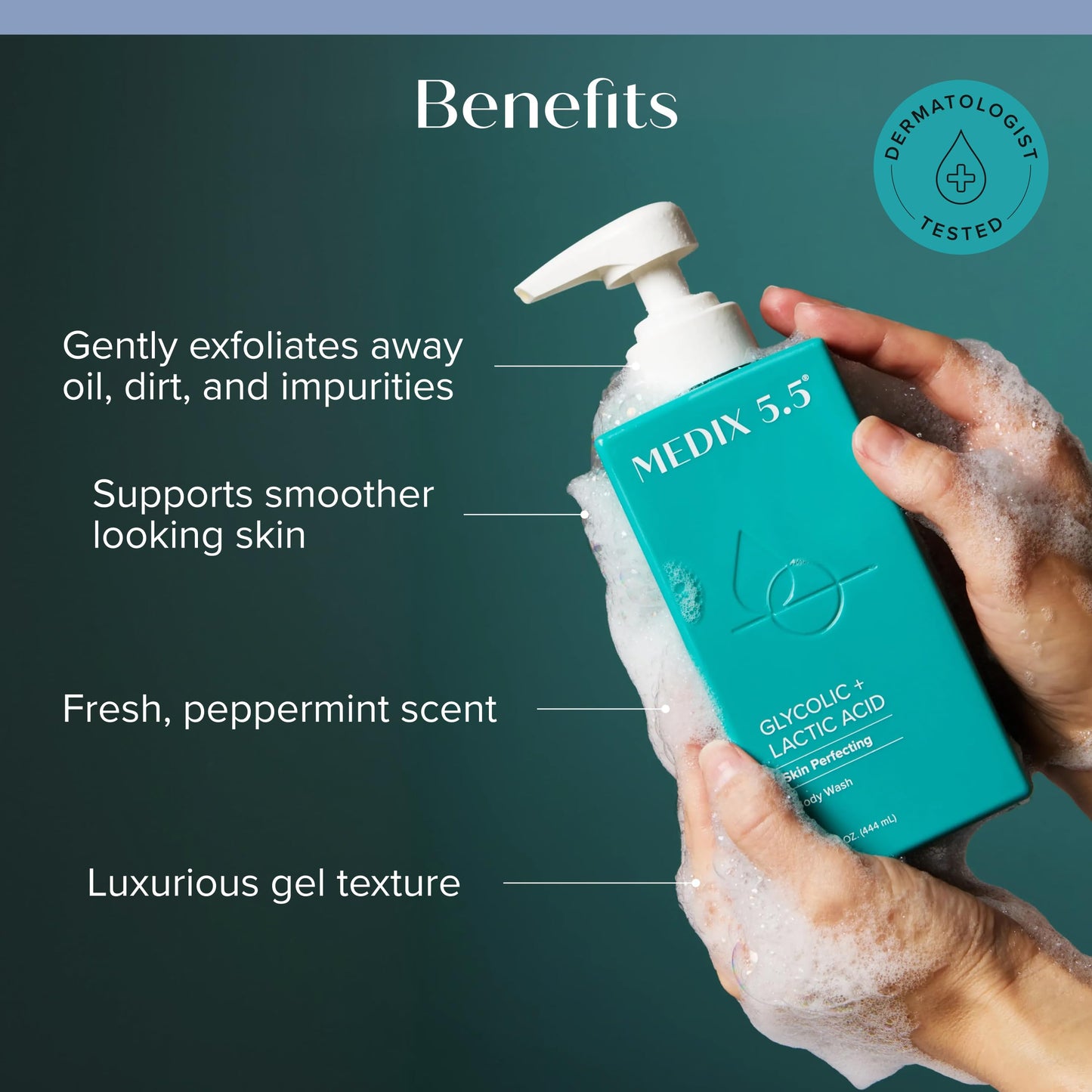 MEDIX 5.5 Glycolic Acid + Lactic Acid Exfoliating Body Wash Gel | KP Bump Eraser | AHA Exfoliant Skin Care Body Cleanser | Keratosis Pilaris & Acne | Anti Aging AHA Foaming Body & Face Wash, 15 Fl Oz