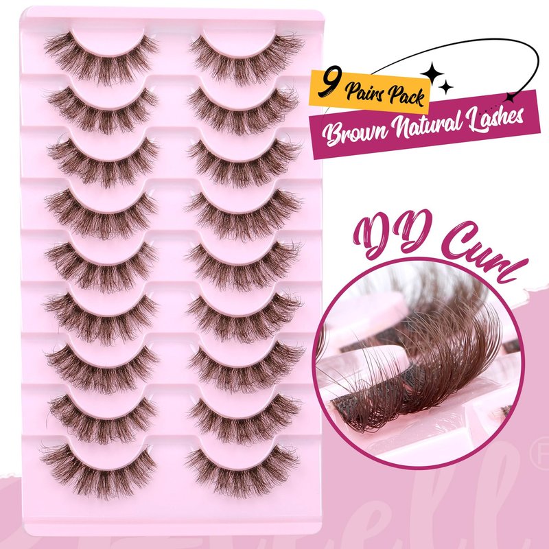 Brown Lashes Natural Look False Eyelashes Faux Mink 6D Wispy Fluffy Eye Lashes DD Curl Fake Eyelashes 9 Pairs Pack