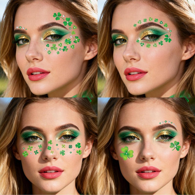 EMOME St Patrick Day Accessories, St Patrick's Day Shamrock Face Tattoo with Green White Face Gems, Saint Patrick's Day Makeup Art Decorations for Women, Girls