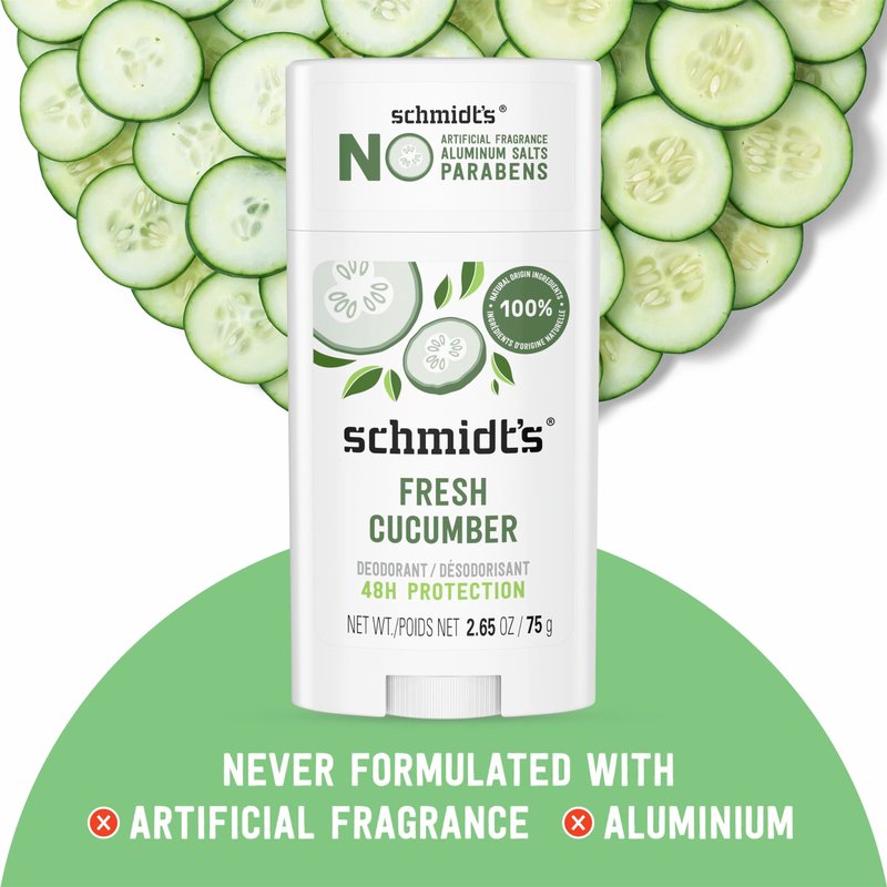 Schmidt's Aluminum-Free Vegan Deodorant Fresh Cucumber 4 Count for Women and Men, with 24 Hour Odor Protection, Natural Ingredients, Cruelty-Free, 2.65 oz