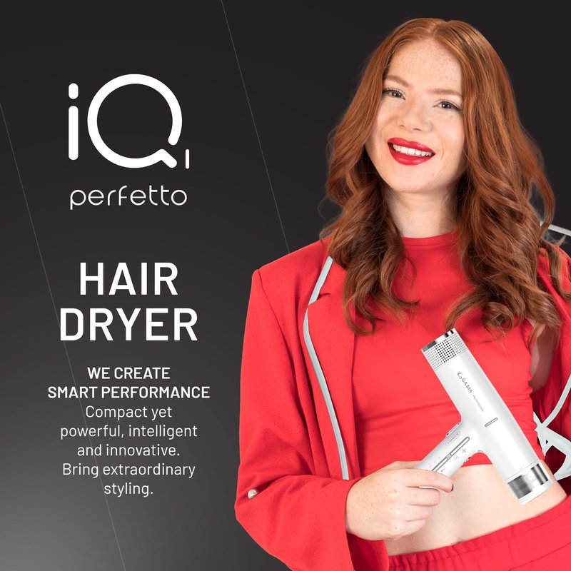 GA.MA iQ1 Perfetto Hair Dryer with 110,000 RPM Intelligent Brushless Motor, Oxy Active Technology, Auto-Clean & Washable Filter, Includes Diffuser & 3 Nozzles, Grey