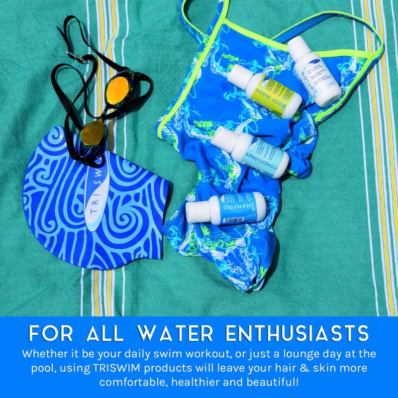 TRISWIM Shot Set in Travel Bag | 2oz Travel Size Chlorine Removal Shampoo, Swimmer’s Conditioner, Swim Body Wash and Lotion | Removes Chlorine, Bromine, Hard Water Minerals & Saltwater and odors