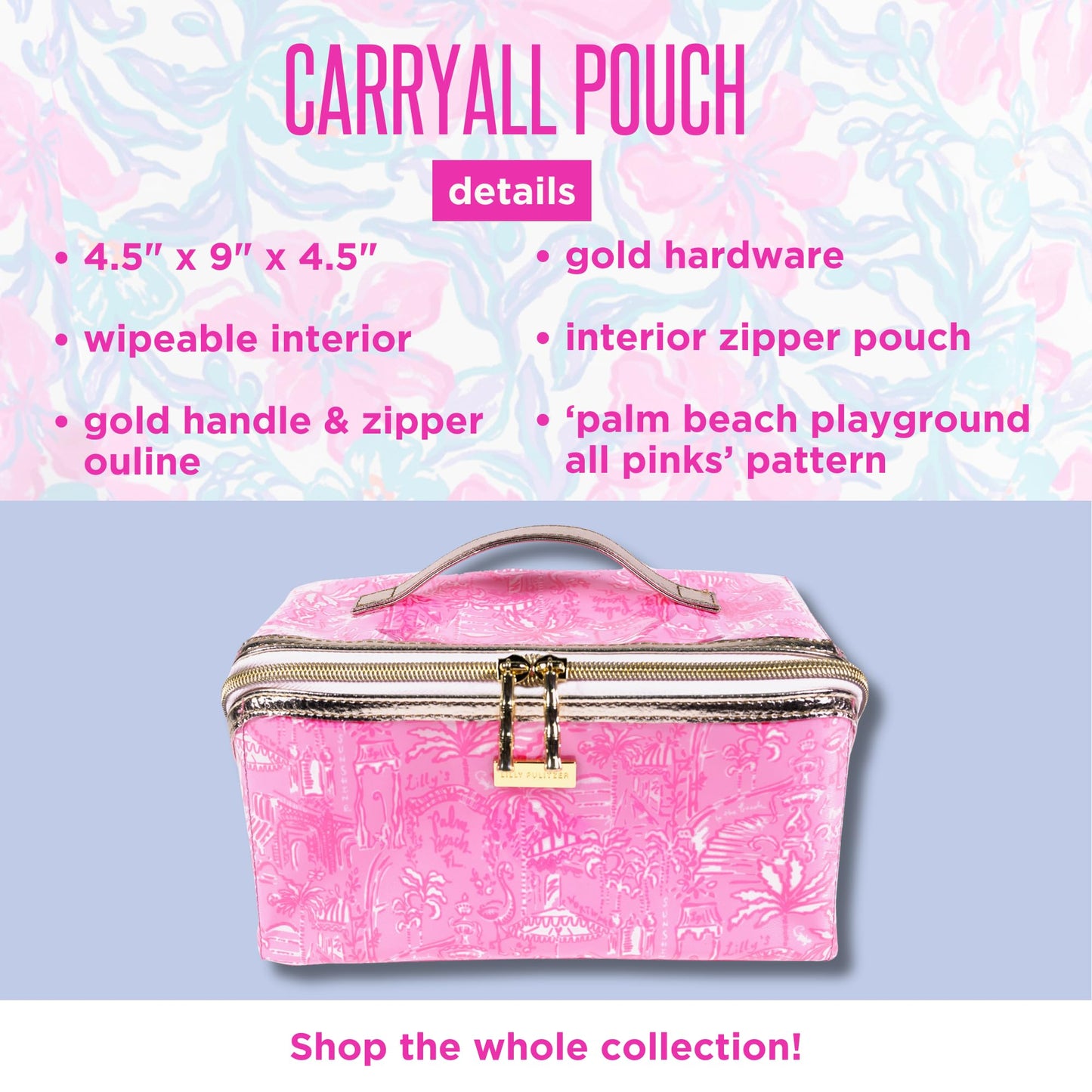 Lilly Pulitzer Travel Cosmetic Case, Lay Flat Zipper Carryall Pouch with Wipeable Lining (Palm Beach Playground)