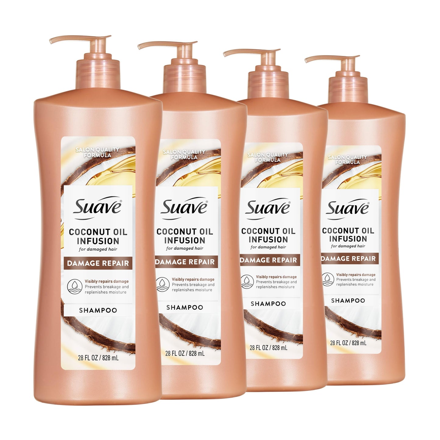 Suave Coconut Oil Infusion Shampoo for Damaged Hair, Salon-Proven Damage Repair System, Hydrates & Moisturizes for Visible Repair in 3 Uses, 28 FL OZ Pump, 4 Count