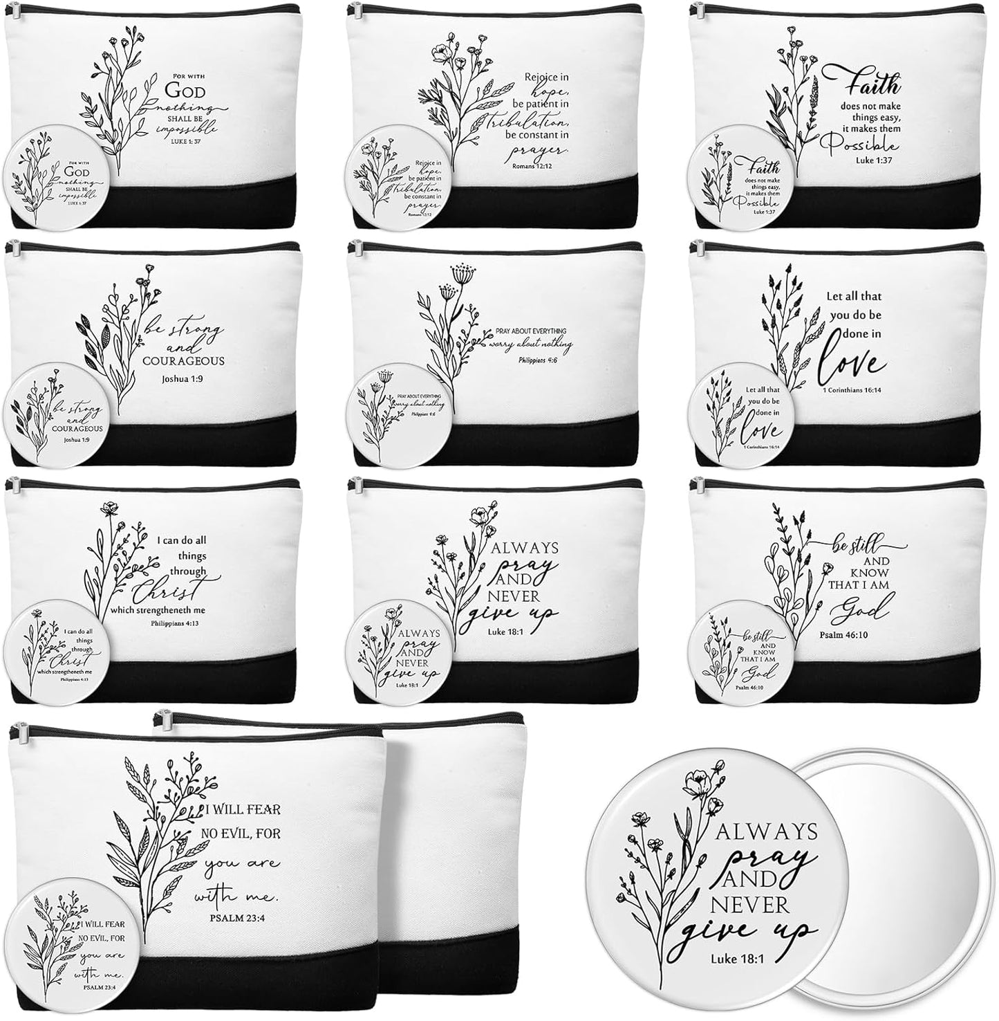 Christian Gifts for Women - 20 Inspirational Canvas Makeup Bags & Mini Bible Verse Mirrors | Bulk Set for Church, Mom, Pastor, Sunday School