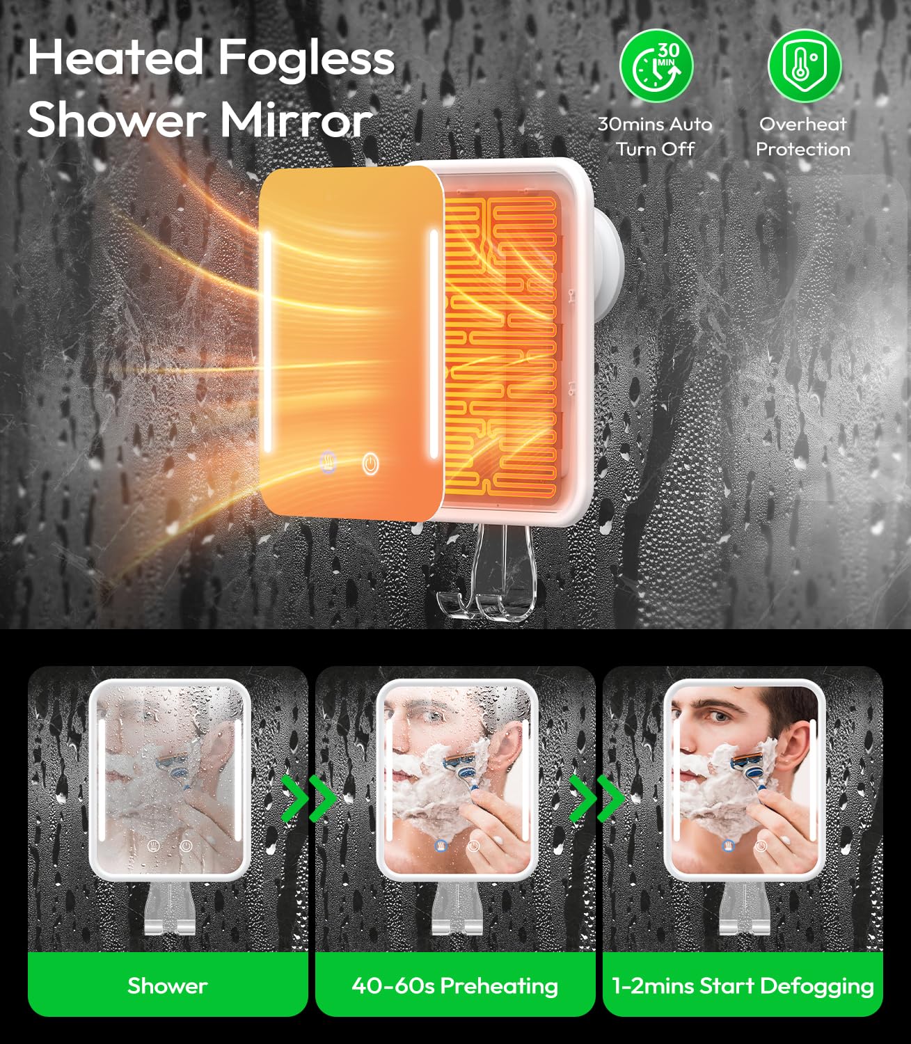 Glowtop Lighted Shower Mirror Fogless for Shaving with Light, 5000mAh Heated Fogless Mirror for Shower, Detachable Razor Holder and Suction Cup for Wall, NO-Drilling, Waterproof for Bathroom (White)