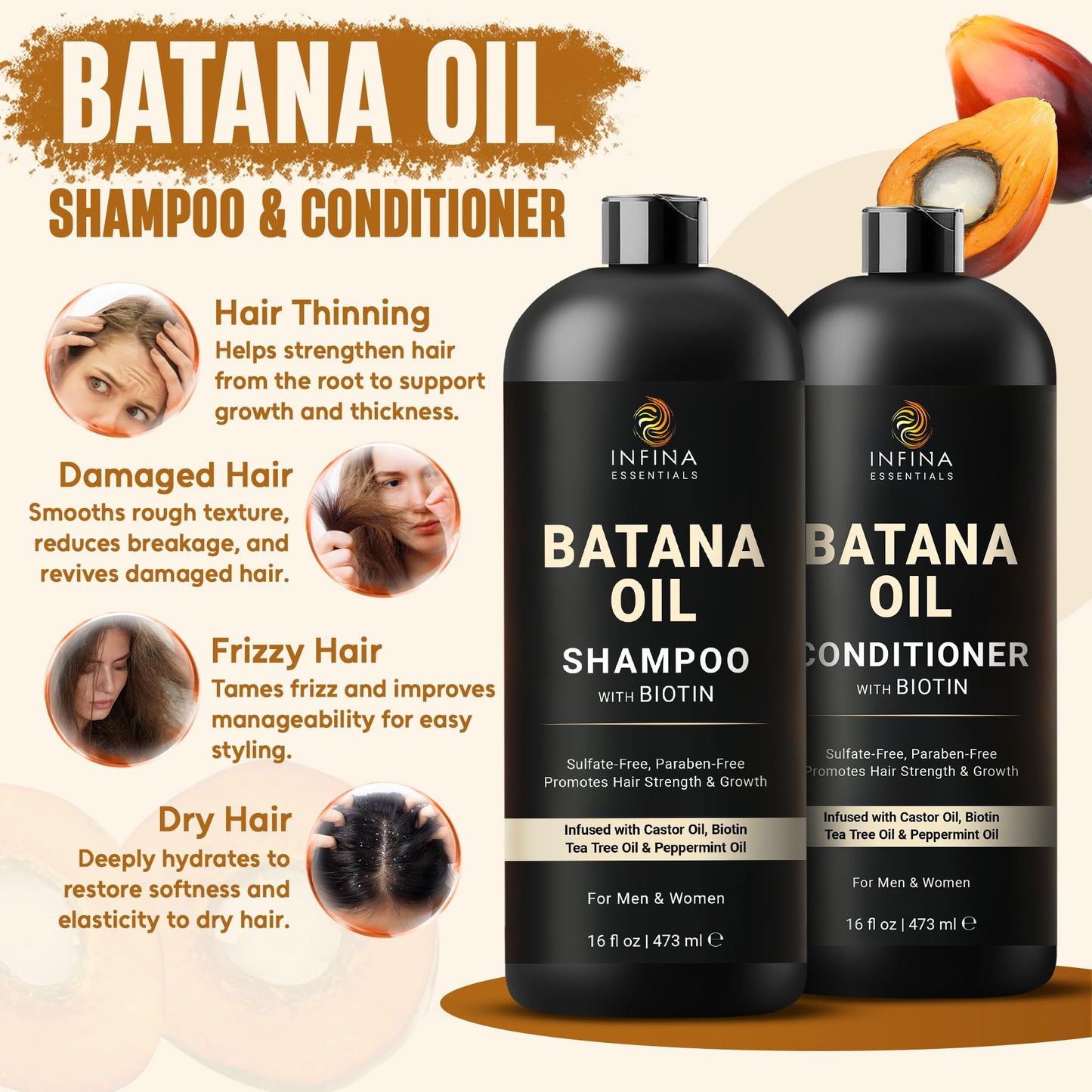 INFINA ESSENTIALS Batana Oil Shampoo and Conditioner Set | 16 fl oz Each | with Biotin & Tea Tree | Moisturizing, Strengthening & Nourishing Formula | Promotes Hair Growth and Thickness