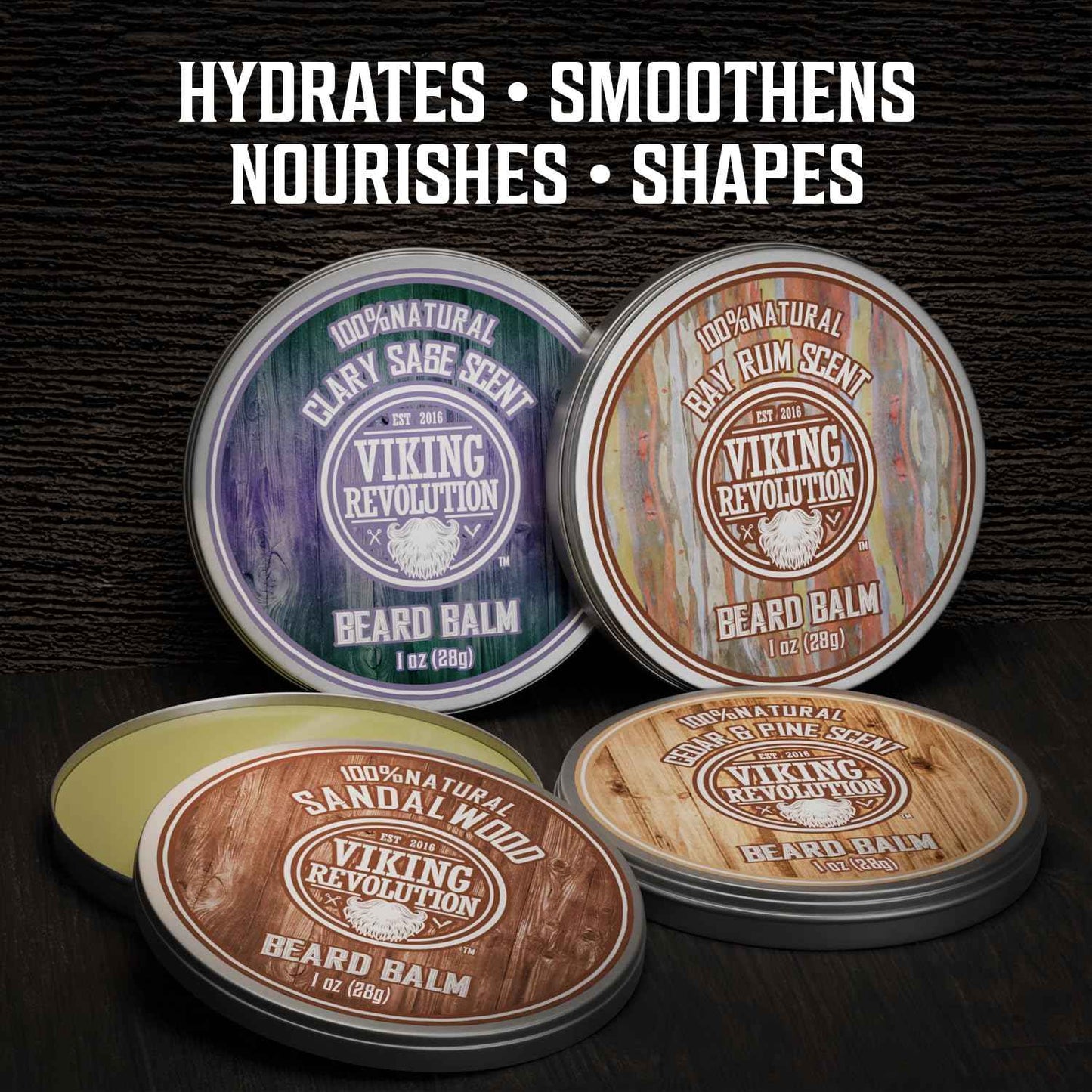 Viking Revolution 4 Beard Balm Variety Pack (1oz Each) - Sandalwood, Pine & Cedar, Bay Rum, Clary Sage - Styles, Strengthens and Softens Beards and Mustaches - Wax for Men