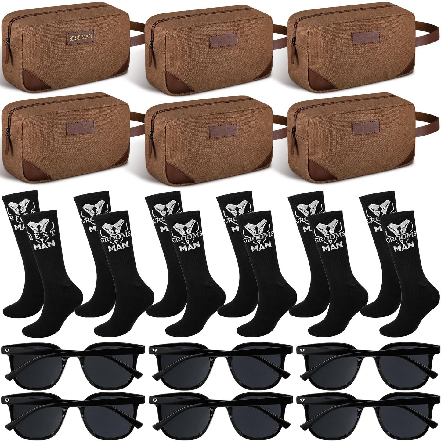SilTriangle 18 Pcs Wedding Groomsmen Gifts Set Include Pcs Men Toiletry Bags Pairs Cotton Groomsmen Socks Pairs of Sunglasses for Wedding Proposal Gifts Bachelor Party Travel Kit(Brown)