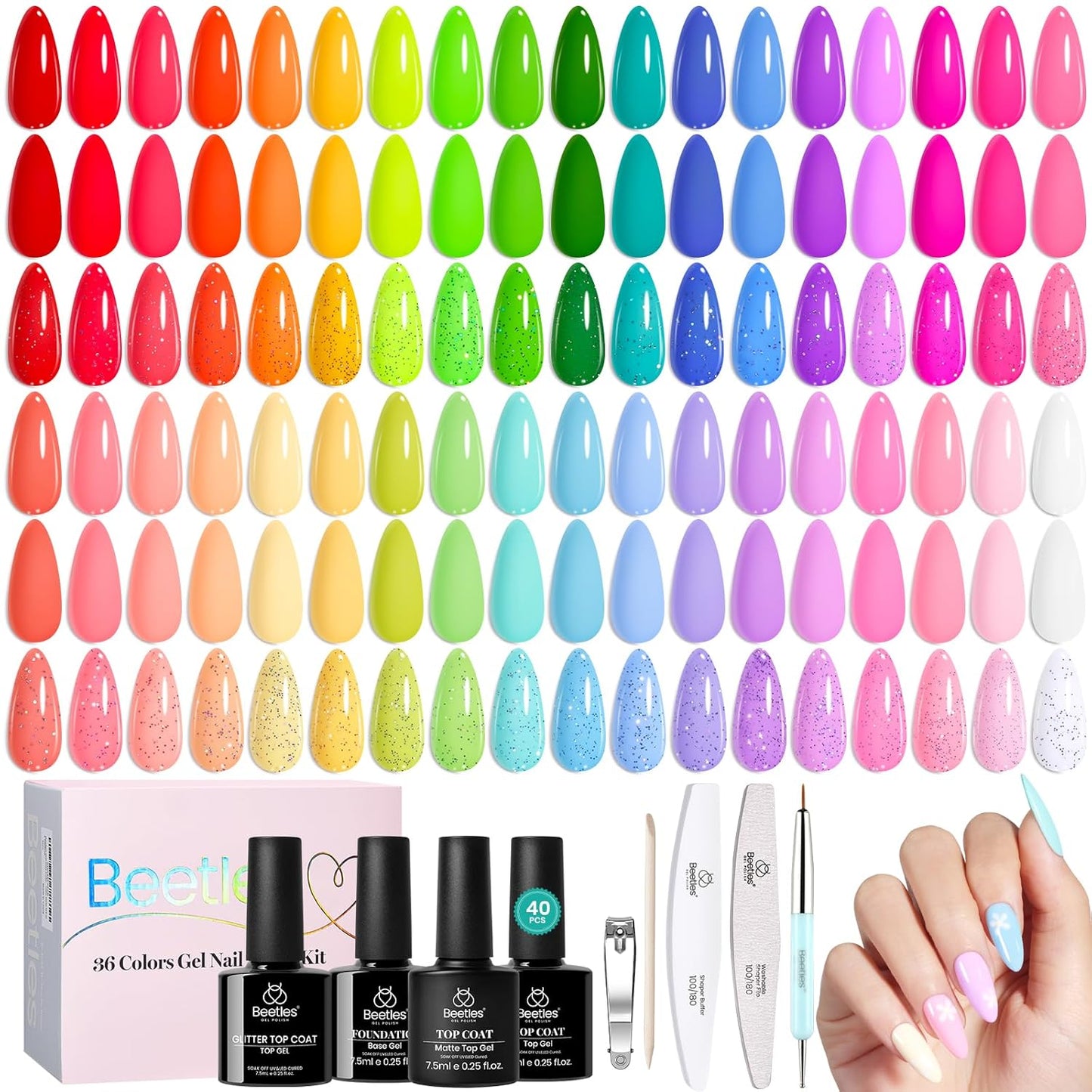 Beetles Summer Gel Polish Set - 36 Vibrant Neon & Pastel Colors | Base Coat, Glossy & Matte Top Coats