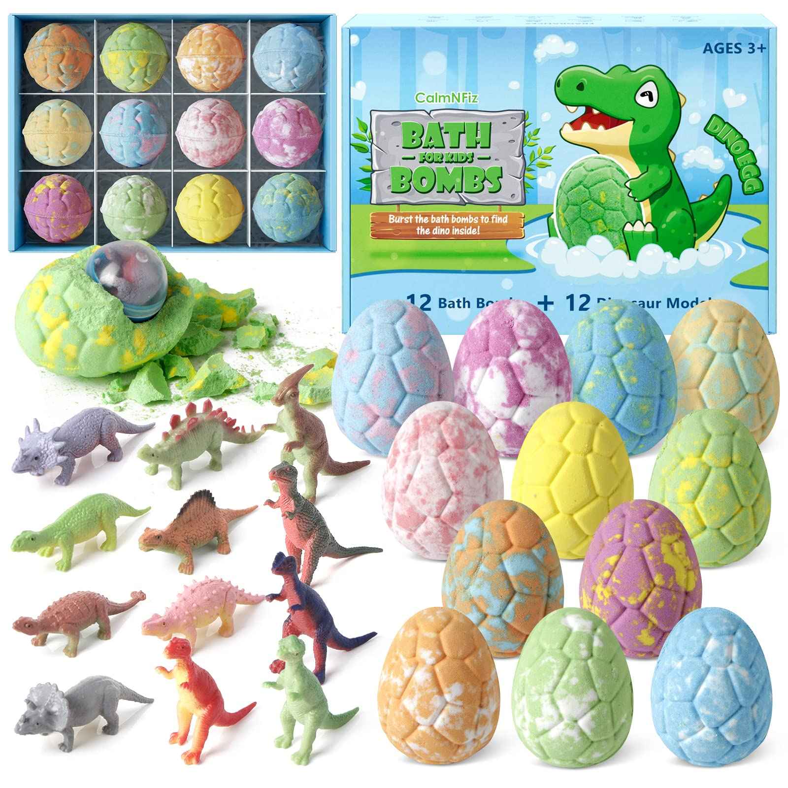 CalmNFiz Bath Bombs with Surprise Dinosaur Toys Inside, 12 Pack Organic and Natural Bubble Bath Bombs, Stocking Stuffers for Kids, Bath Bomb Set for Her/Him,Mothers Day Presents for Mom