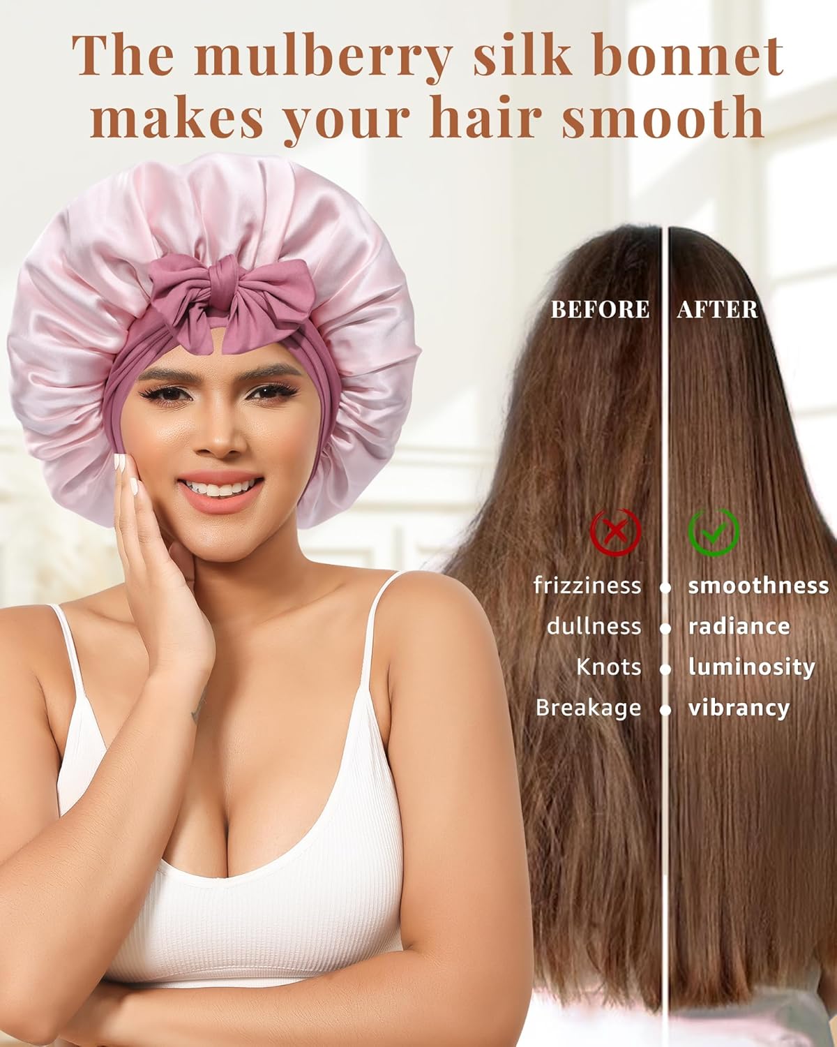 Silk Bonnet for Sleeping - 100% Mulberry Silk Reversible Hair Wrap | Dust Rose/Pink, 2-Layer Design