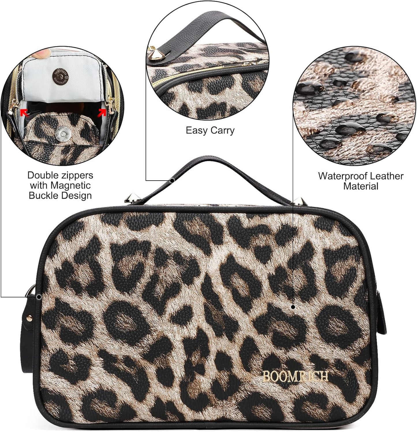 Large Travel Makeup Bag - Water-Resistant Leather Toiletry Organizer | Leopard Print Design