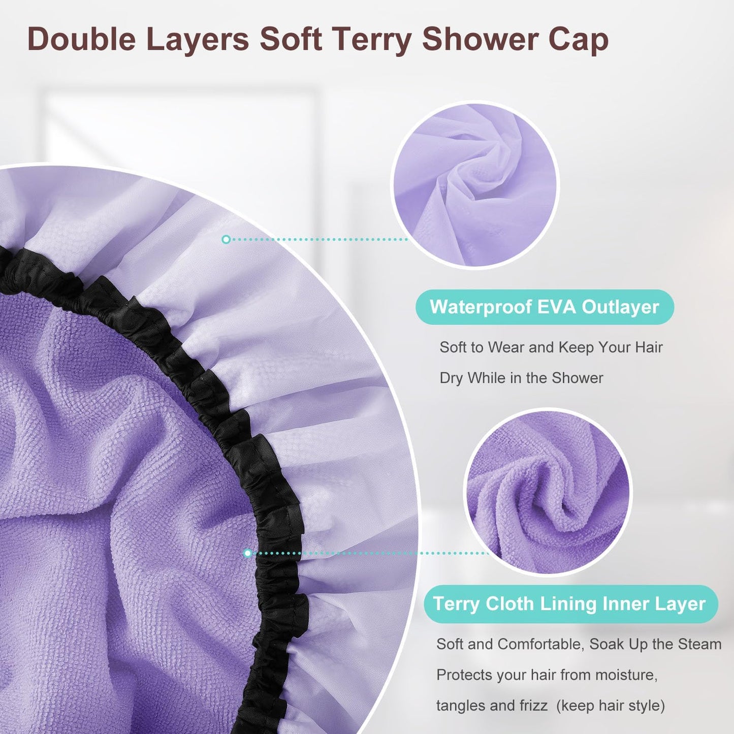 Sheomern 2 Pcs 15" XL Extra Large Terry Lined Shower Cap, Adjustable Dual Waterproof Shower Cap for Women Reusable Soft Hair Cap Bath Cap for Long Braids, Thick Hair, Locs, Curly Hair
