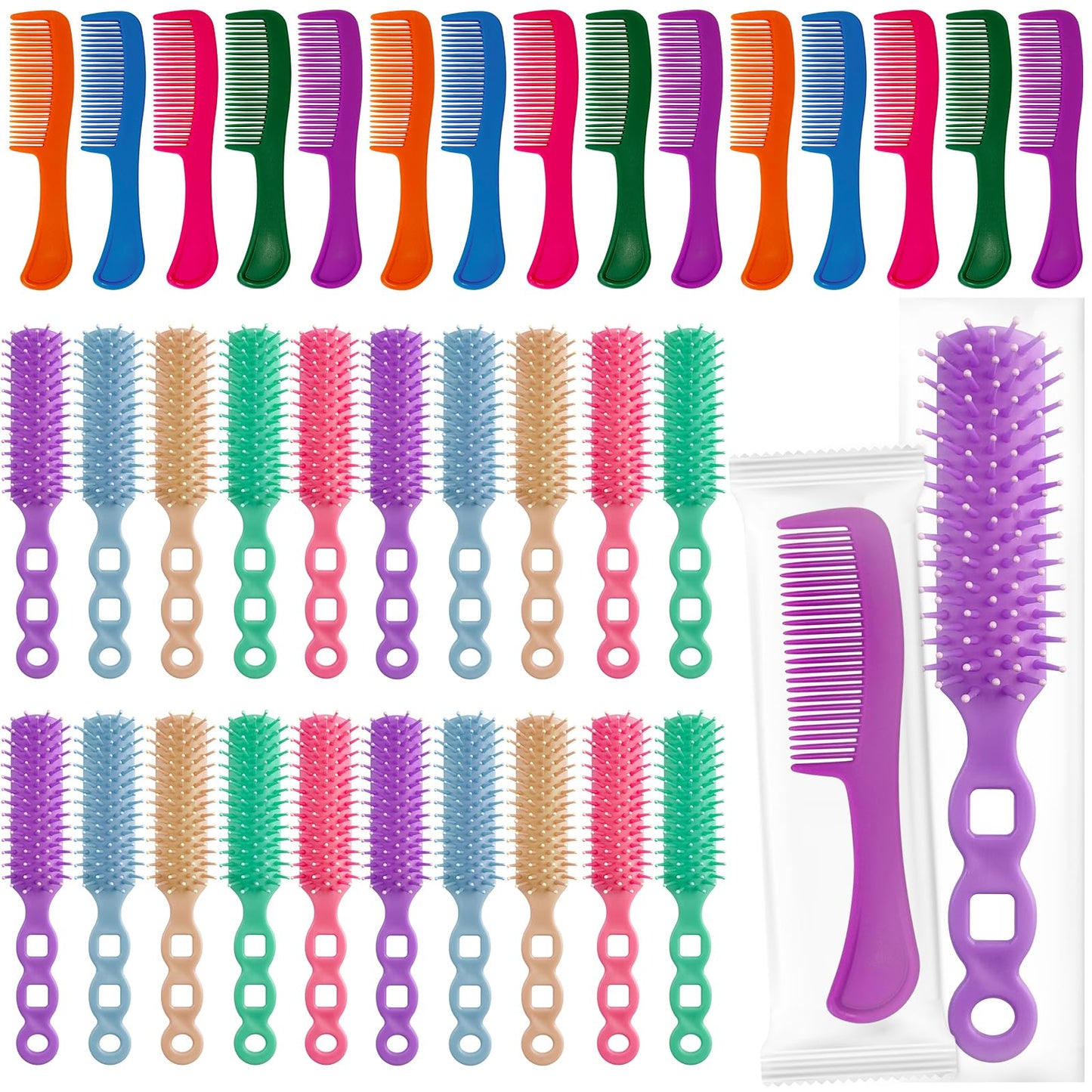 Hair Brush and Combs Set in Bulk Individually Wrapped Travel Comb Brush Bulk for Women Kids Hotel Homeless Charity, Multicolor(100 Pieces)