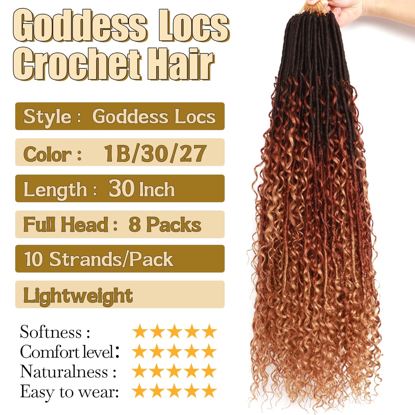 8 Packs Goddess Faux Locs Crochet Hair-30 Inch Boho Soft Locs Crochet Hair for Black Women (1B/30/27#, 30 Inch(Pack of 8))
