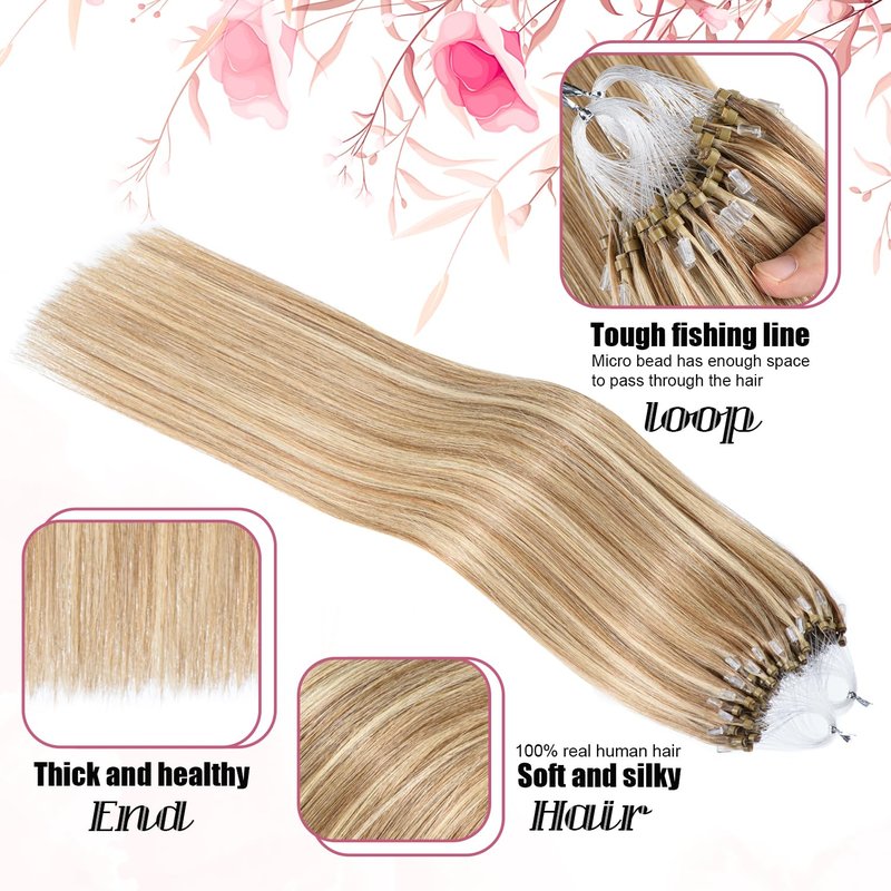 Kpvxxve Micro Ring Hair Extensions Human Hair Micro Loop Human Hair Extensions 1g/Strand 50g Natural Hair Micro Bead Hair Extension (#8/613 Ash Brown Mix Bleach Blonde, 16inch)