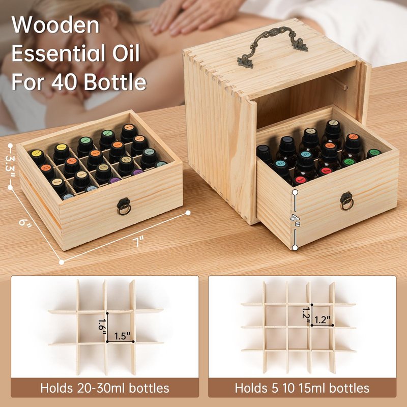 TORIBIO Essential Oil Storage Box for 40 Bottles, Wooden Essential Oils Holder Organizer Holds 5-30ml for Young Living & Doterra Bottles