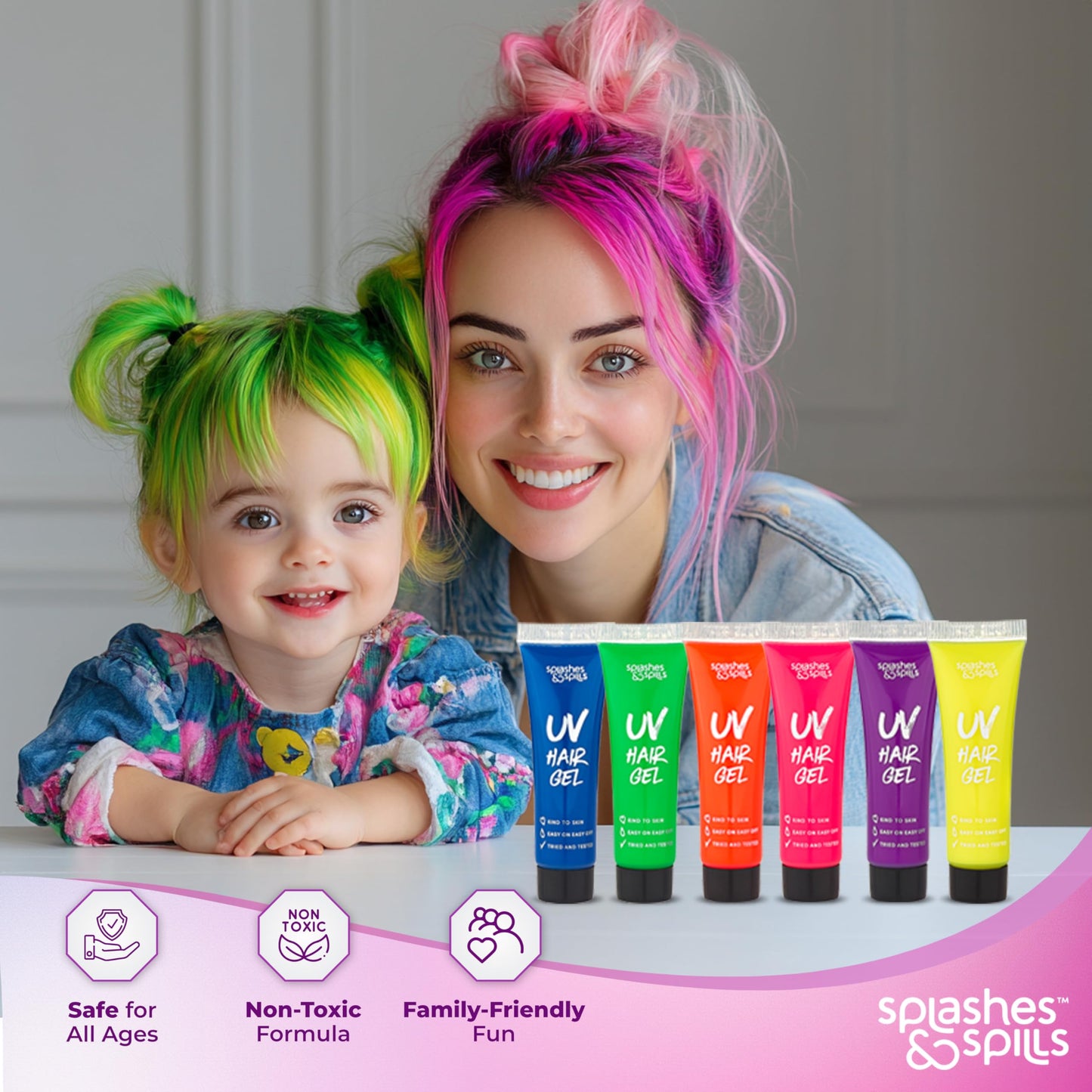 UV Neon Hair Gel Set - 6 Bright Non-Toxic Colors with Black Light Glow for Raves, Parties, Clubs, Halloween Costume - Non-Toxic Temporary Wash Out Color - by Splashes and Spills