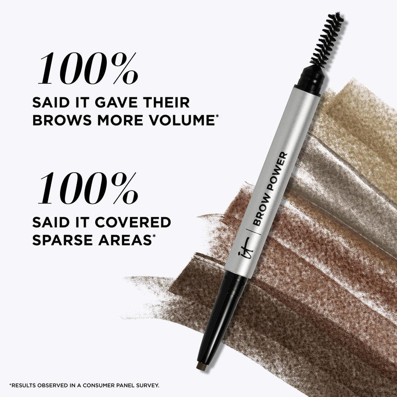 IT Cosmetics Brow Power Universal Brown Eyebrow Pencil (Brunette) - Long-Lasting, Budge-Proof, Nourishing Biotin & Antioxidants, Easy to Apply & Adjustable, Natural Brow Makeup, Built-in Spoolie