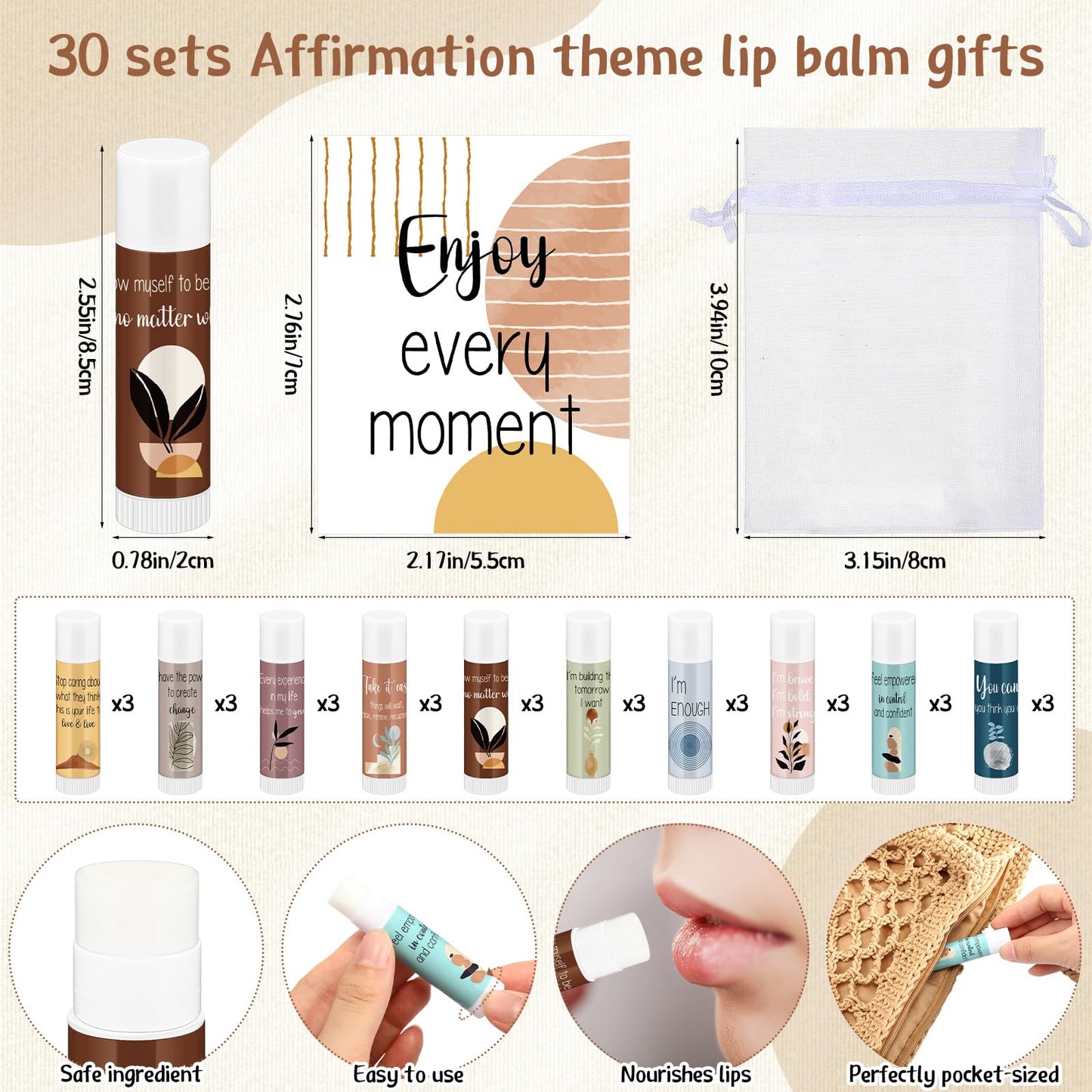 Leelosp 30 Sets Mental Health Awareness Lip Balm Gift Set with Positive Affirmation Cards, Bulk Inspirational Thank You Appreciation Gifts for Employees Volunteers Coworkers Events