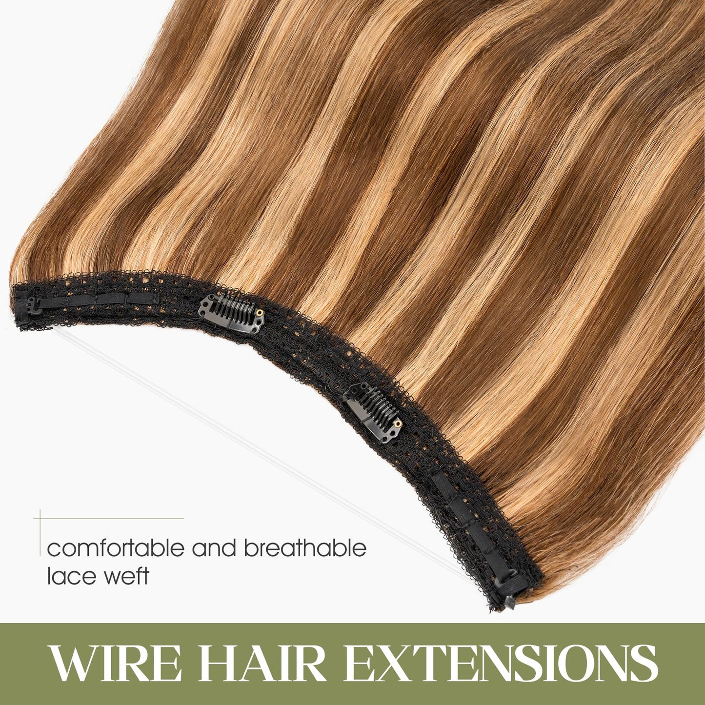 Charites Halo Hair Extensions Real Human Hair Invisible Wire Extensions with Transparent Fish Line Adjustable Size Medium Brown & Dark Blonde 12 inch