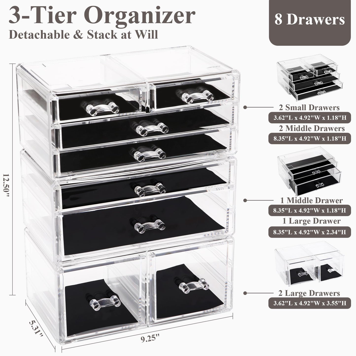 Sea Team 3-Layer Stackable Clear Makeup Organizer with Drawers, Acrylic Plastic Cosmetic Display Case, Jewelry Storage Box, Holder for Dresser, Bathroom, Vanity, Countertop (8 Drawers)