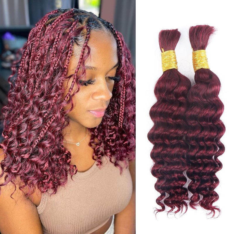 Human Braiding Hair for Boho Braids Burgundy Deep Wave Bulk Human Hair for Braiding 18 Inch 2 Bundles 100G #99J Wet and Wavy Curly Human Hair Red Braiding Hair Extensions No Weft Bundles for Braiding