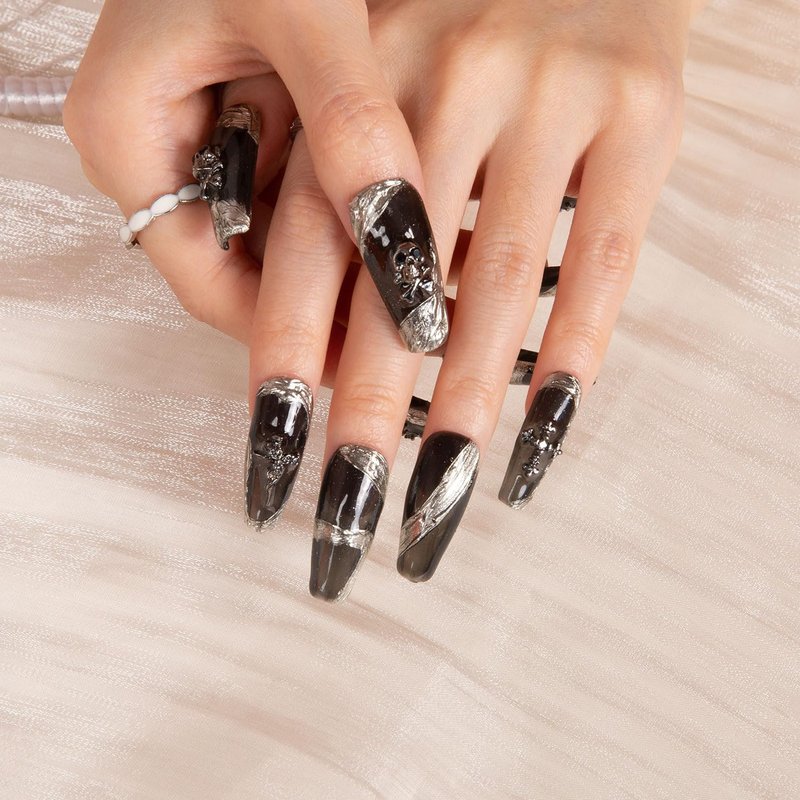 LOVFUL Press on Nails THE EDGE | Handmade with Full Covered Crystals | Reusable Full Cover Nails | Coffin Classic Regular 1.3 in | H283-S