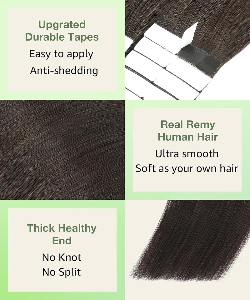 Tape In Hair Extensions - 16 Inch Human Hair - Darkest Brown - 20 Pcs, 50g