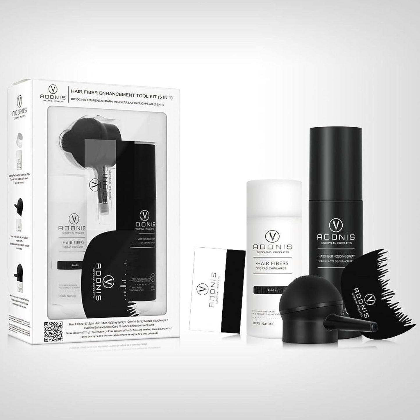 Adonis 5-in-1 Hair Fiber Kit | All-Natural Keratin Fibers, Spray & Applicator for Thinning Hair - Black