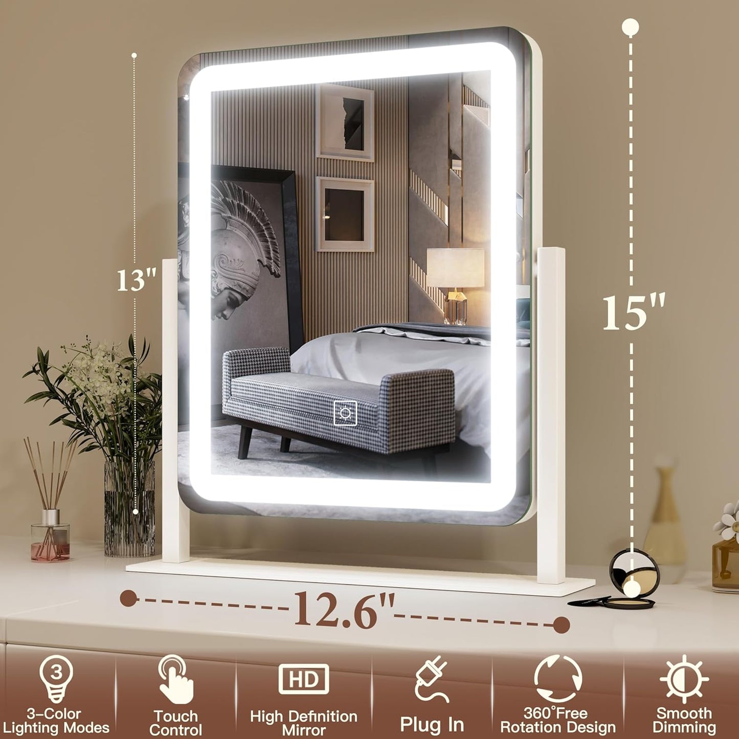 FENNIO LED Lighted Makeup Mirror - 15"x12.6" Touch Screen Vanity Mirror with Dimmable 3-Color Lighting | Perfect for Bedroom & Desk