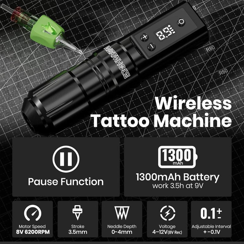 Wormhole Tattoo Kit for Beginners - Wireless Tattoo Gun, 1300mAh Cordless Pen Machine for Lining & Shading | Complete Supplies for Home Practice & Travel