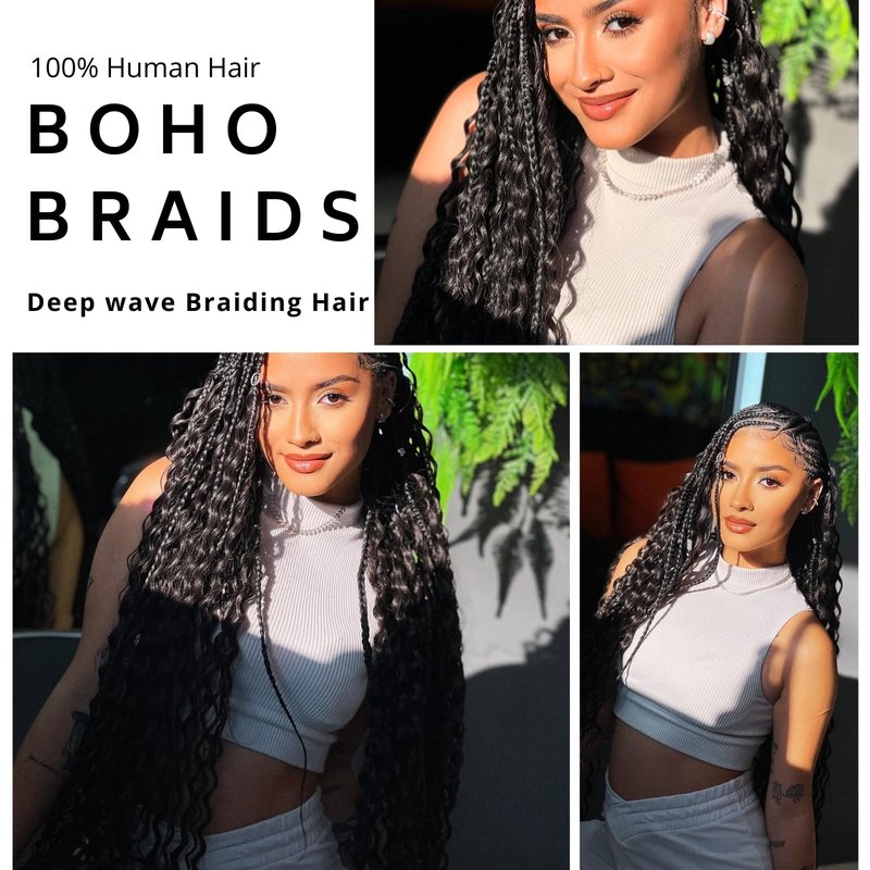 Deep Wave Human Braiding Hair for Boho Braids 1b Black Curly Human Hair Bundles for Braiding 2 Bundles/Pack 20Inch